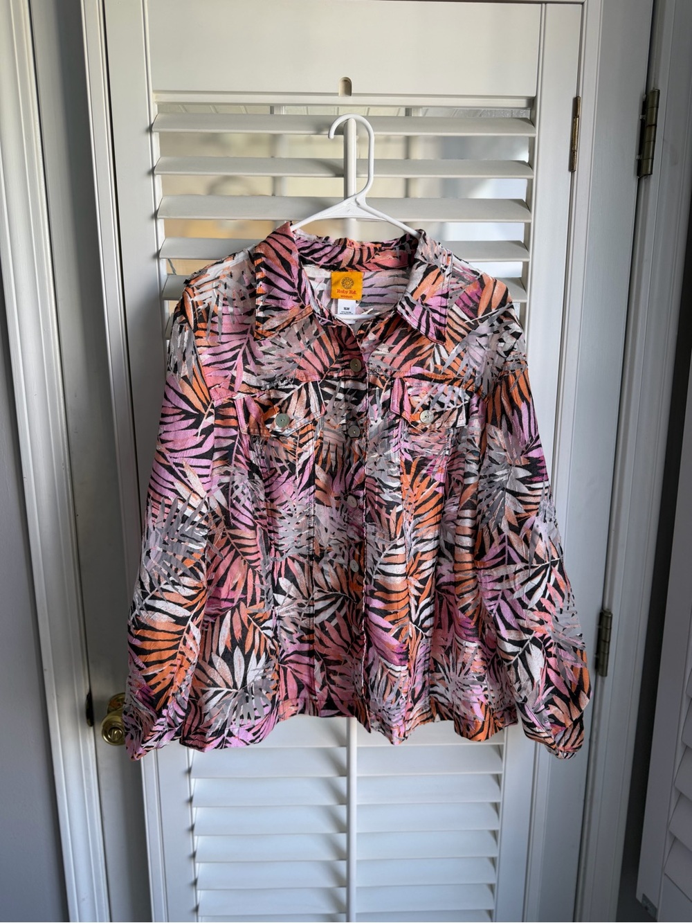 Ruby Rd Sheer Tropical Palm Leaf Button Down Shirt Jacket 16W Pink Orange